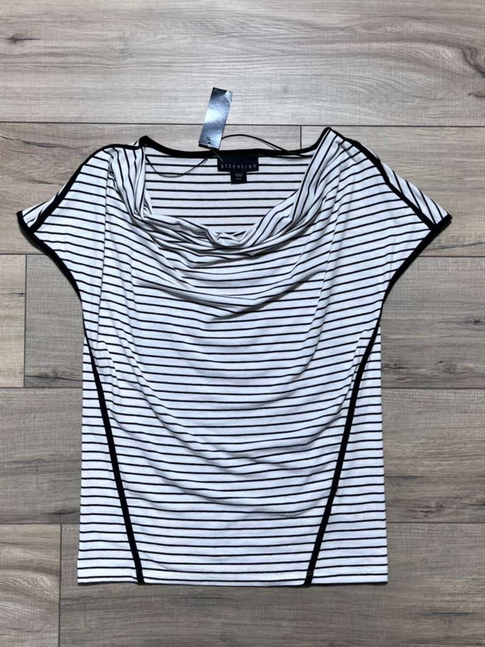 Attention Womens Cowl Neck‎ Short Sleeve Striped Shirt Size XS White & Black